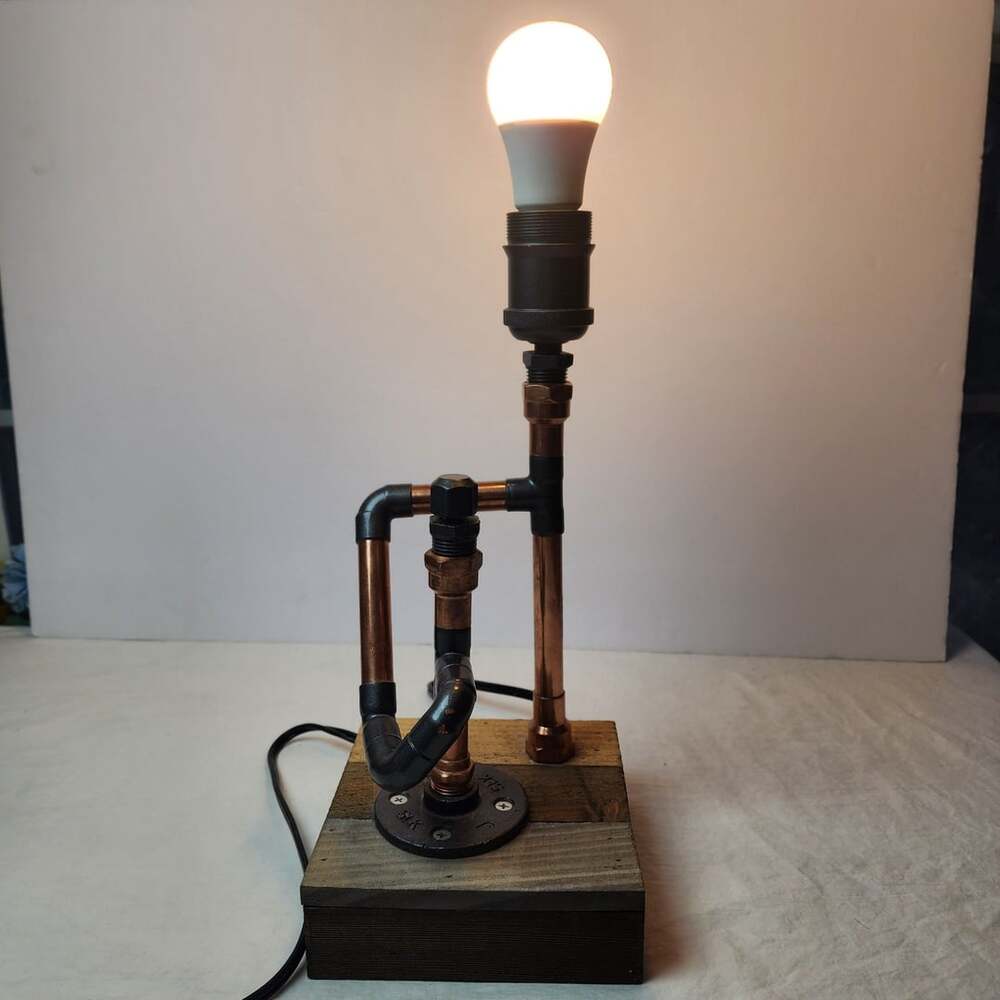 Handmade Industrial Steampunk Table Lamp with Copper Pipes and Wooden Base